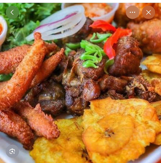 Haitian Griot Plate with Diri ak Djon Djon & Fried Plantains