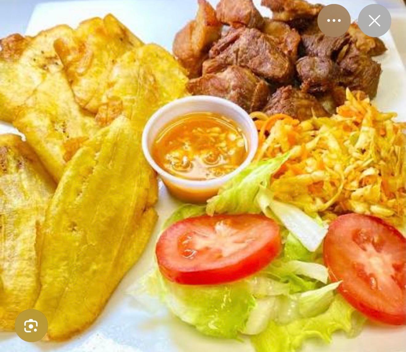 Haitian Griot Plate with Diri ak Djon Djon & Fried Plantains