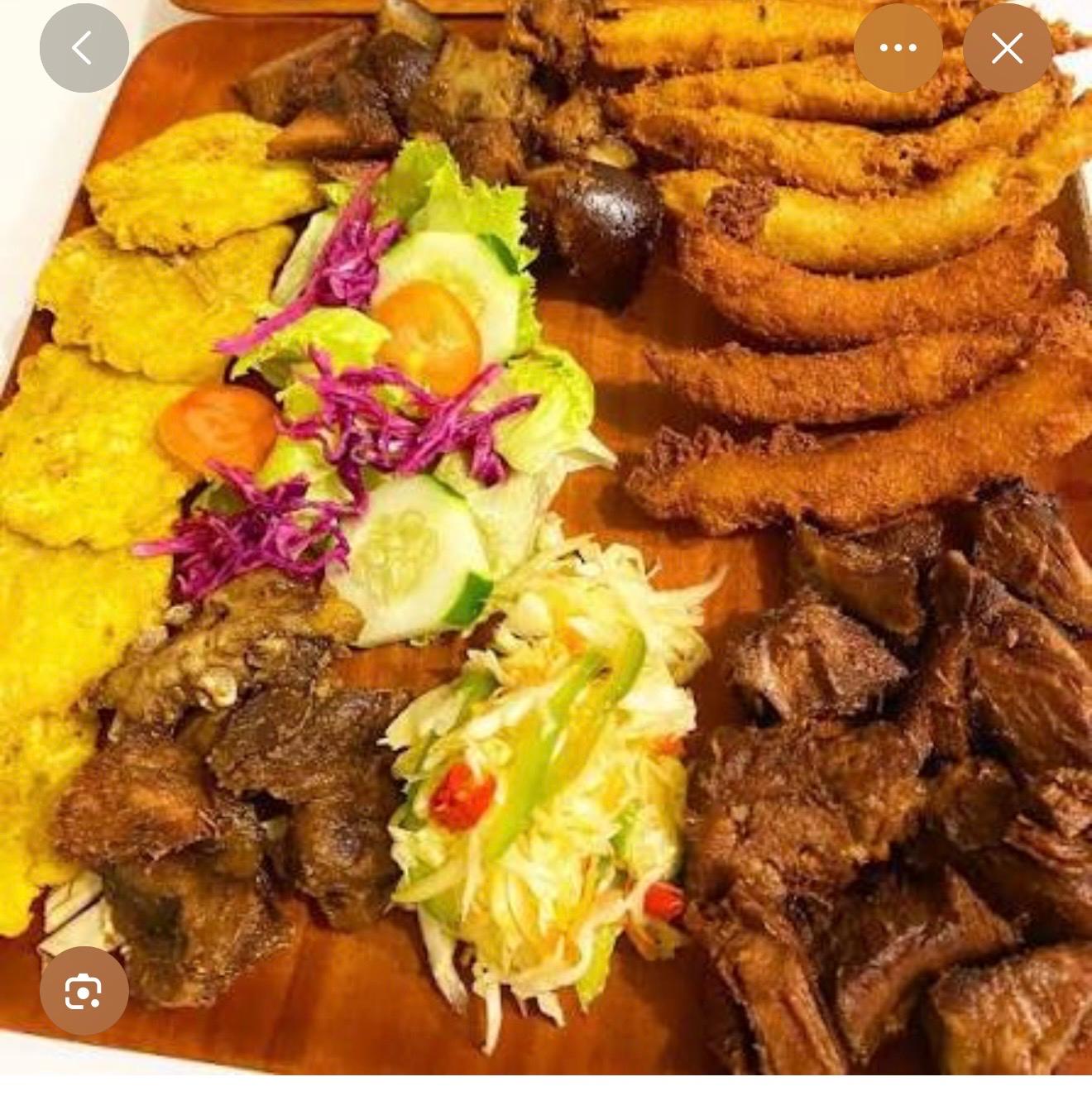 Haitian Griot Plate with Diri ak Djon Djon & Fried Plantains
