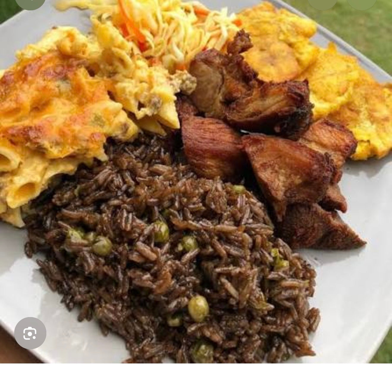 Haitian Griot Plate with Diri ak Djon Djon & Fried Plantains